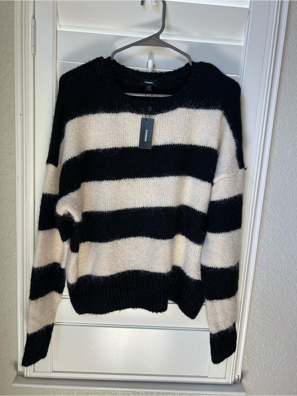 Express Black and Cream Striped Fuzzy Crewneck Sweater
